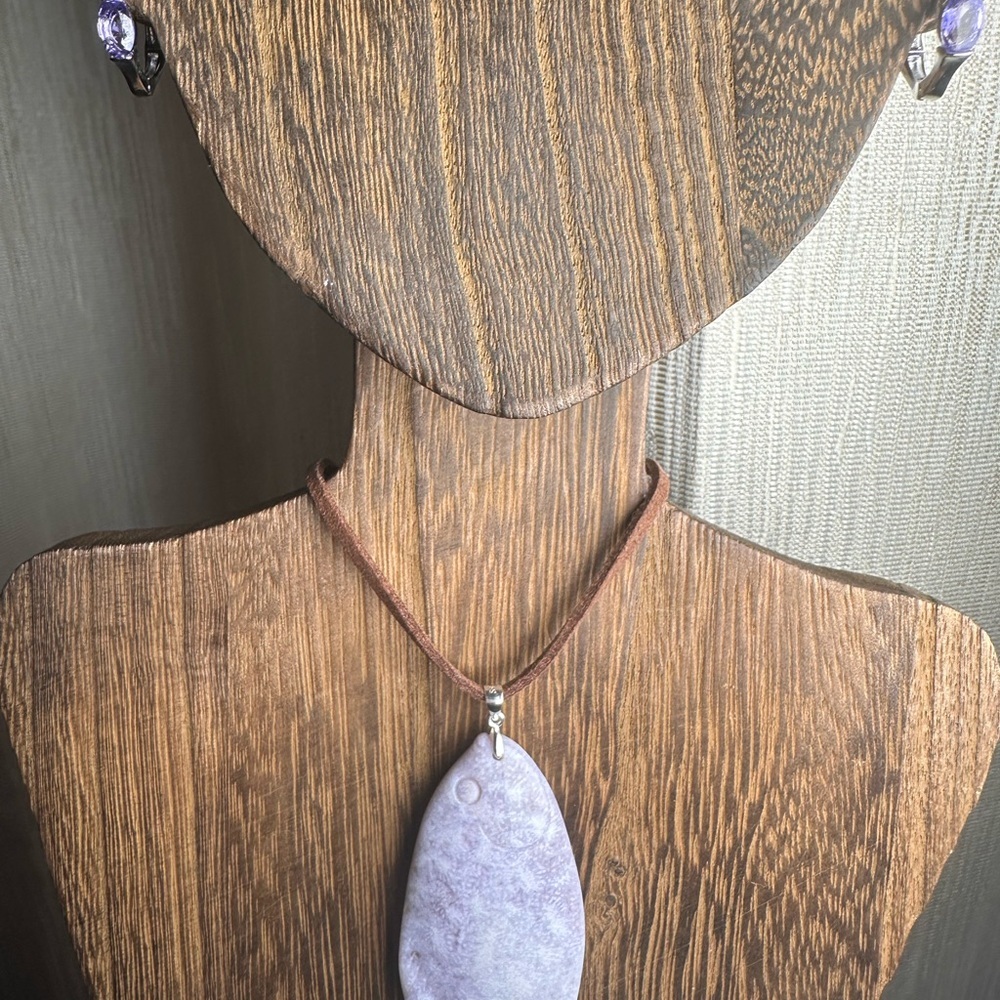Ice Purple Coral Fossil Jade Fish Pendant Necklace on Brown Faux Suede - Picture 2 of 16